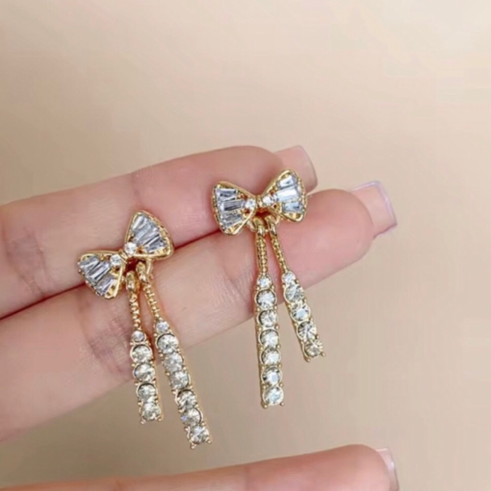 Gold Bow Drop Crystal Earrings